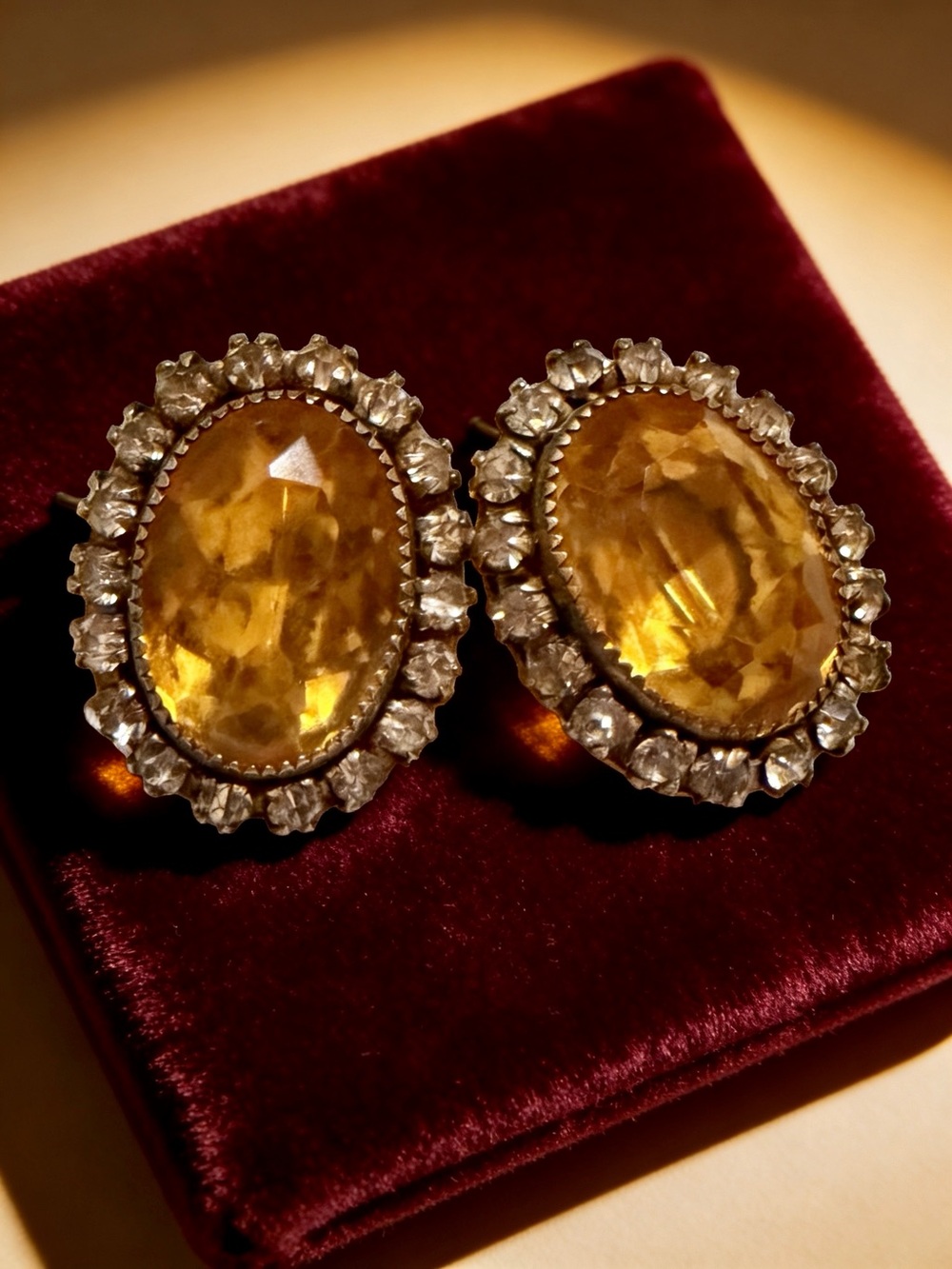 Vintage Martelli Sterling Silver Oval Citrine Glass Halo Earrings